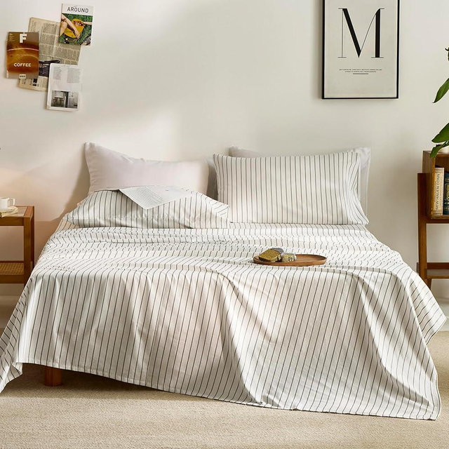 JELLYMONI 100% Cotton Bed Sheets Set – Thin Gray and White Vertical Stripes, Queen Size, Soft Bedding with Deep Pocket Fitted Sheet, Flat Sheet & Pillowcases
