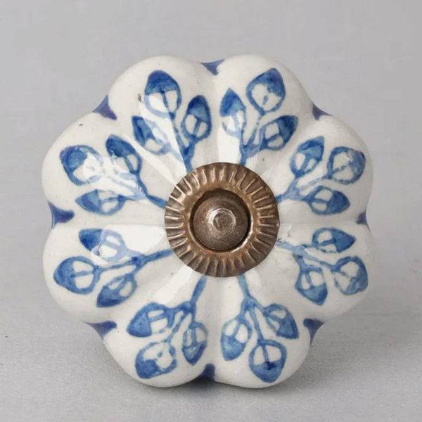 Blue Flower design On White Base Ceramic Door Knob