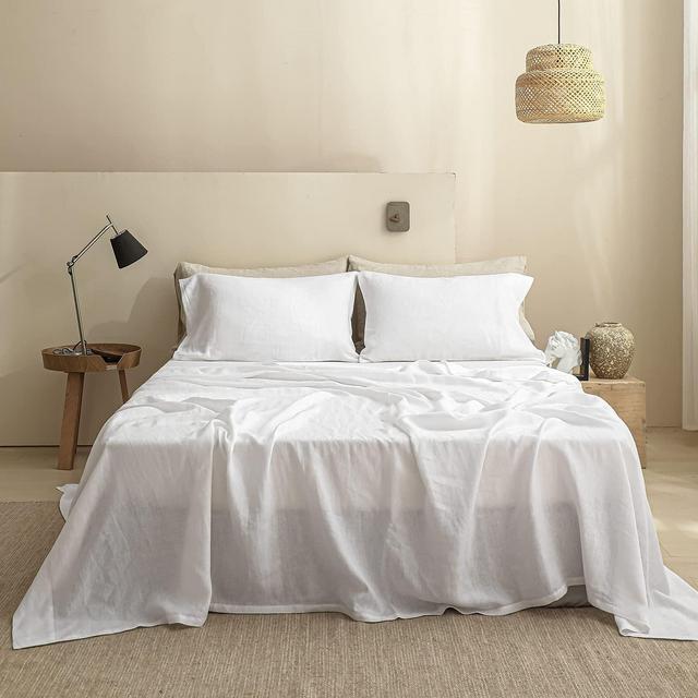 SimpleOpulence 100% Linen Sheet Set Solid Color-4 Pcs Washed French Linen Bed Sheets(1 Flat Sheet,1 Fitted Sheet,2 Pillowcases)-Breathable Bedding Set (White, King)