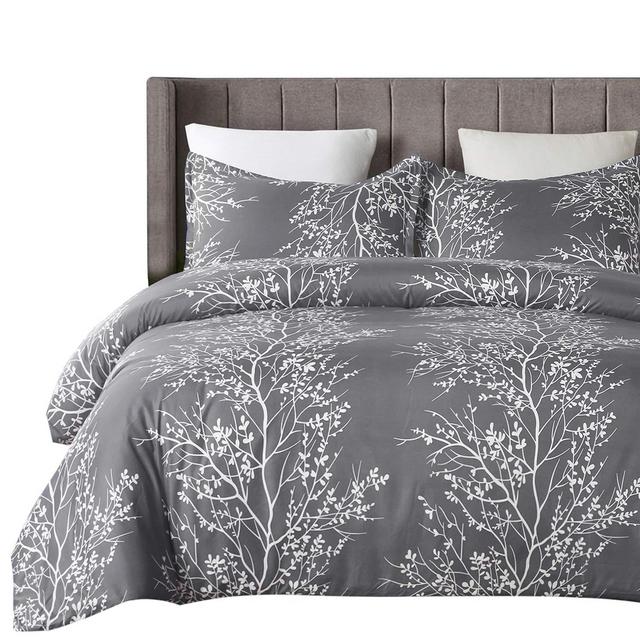 Vaulia Lightweight Microfiber Duvet Cover Set, Grey and White Floral Pattern - Queen Size