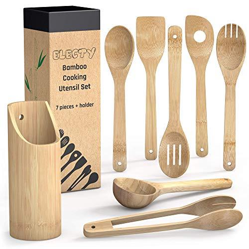 8pc Set - Bamboo Wooden Spoons for Cooking with Ladle, Tongs and Holder