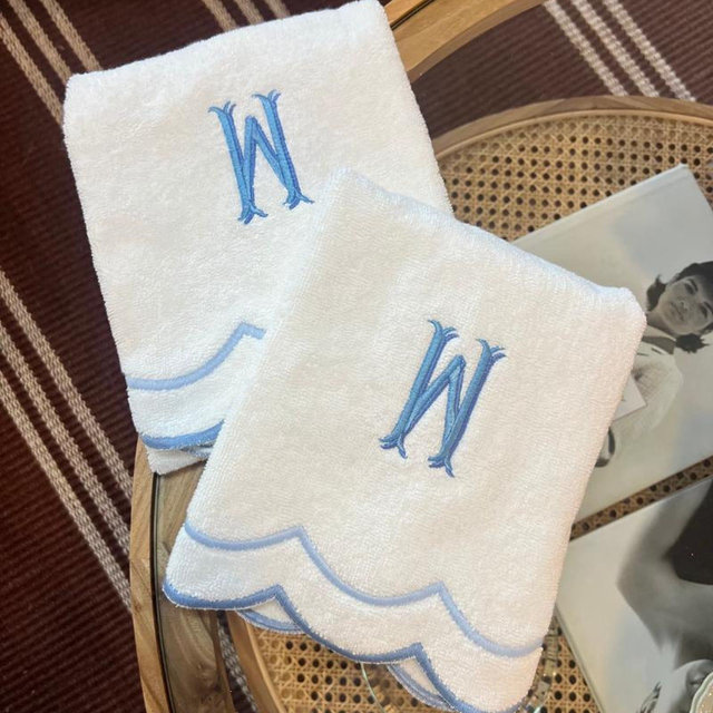 Monogram Scallop Edge Hand Towel Set, Embroidered Initial Hand Towels, Custom Bathroom Decor
