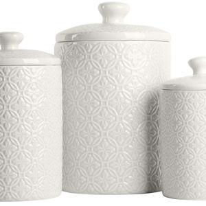10 Strawberry Street Embossed Ceramic Kitchen Canister Set, Set of 3, Hampton White