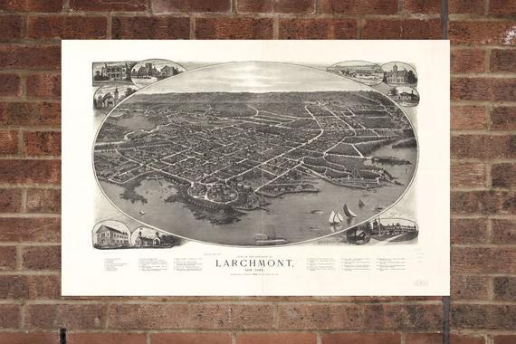 16" x 20" Framed Vintage Aerial Larchmont, NY  Map