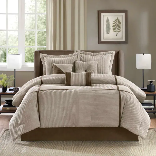 7Pcs Micro Corduroy Textile Comforter Set, Premium Touch Luxury Design Bedding Set with Matching Bedskirt and Pillows, Taupe, Queen