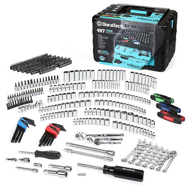 DURATECH 497 Piece Mechanic Tool Kit and Socket Set,Professional Hand Tool Set with 3-Drawer Plastic Tool Box for Auto Repair