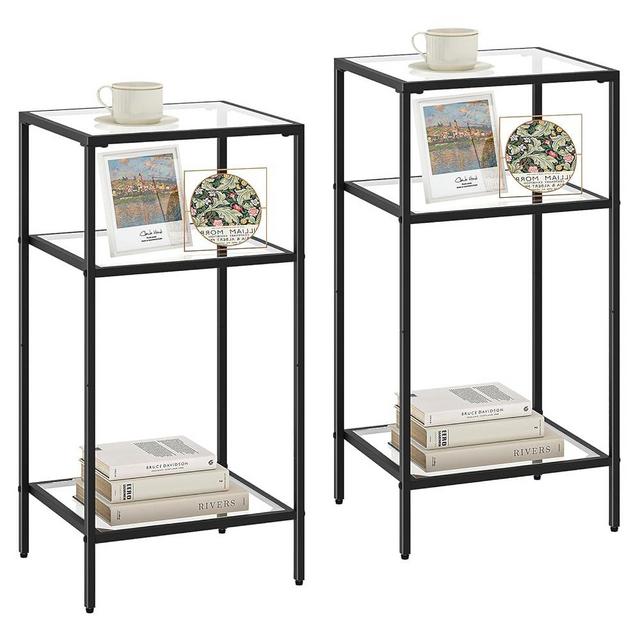 Homhedy 3-Tier Side Tables Set of 2, End Tables with Tempered Glass, Nightstands with Storage Shelves, Slim Sofa Tables for Living Room, Bedroom (2, Black)