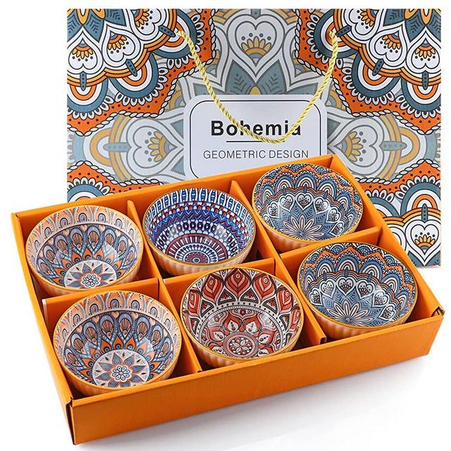 Sanbege Ceramic Rice Bowls 10 oz, Bohemian Style Bowl Gift Set, Assorted Dinnerware Serving Bowls for Cereal, Soup, Dessert, Snack, Fruit, Salsa, Pack of 6 (Geometric Pattern)