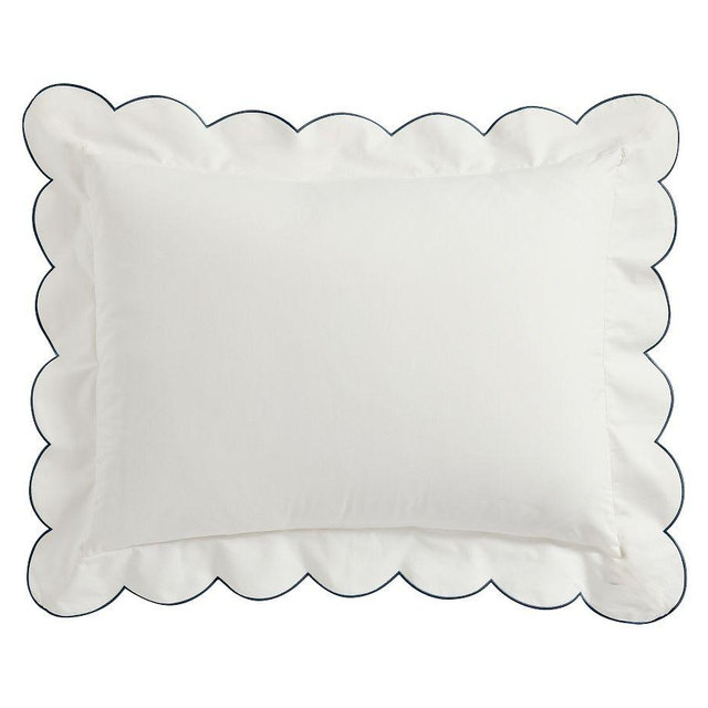 Scalloped Embroidered Sham, White/Chambray, Standard