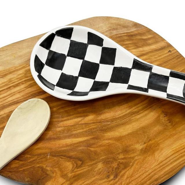 Checkered Spoon Rest for Kitchen Counter - Cooking Spoon Holder for Stove Top - Large Utensil Spatula Spoon Rest - Cute Kitchen Gadgets Gift for Housewarmings - Distressed Checkerboard Black and White