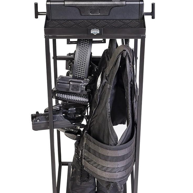 Guard The Line Tac Tower – Police Gear Rack with Quick Access Safe – American Flag Tactical Gear Stand – Law Enforcement Vest and Duty Belt Holder - Cop Caddy Valet Stand - Police Gift
