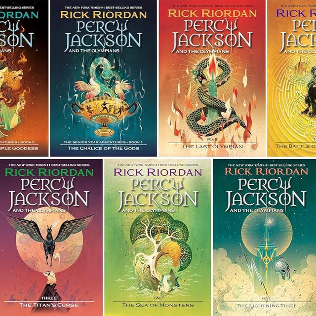 Percy Jackson and the Olympians Series, Set of 7 Books. Lightning Thief, Sea of Monsters, Titan's Curse, Battle of the Labyrinth, Last Olympian, The Chalice of the Gods, Wrath of the Triple Goddess