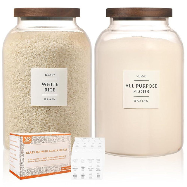 2 Pack Large Glass Flour and Sugar Storage Containers with Airtight Acacia Wood Lids and 132 Kitchen Pantey Labels Preprint - 1 Gallon Borosilicate Glass Canister Sets for Food,Pasta,Cookie,Rice