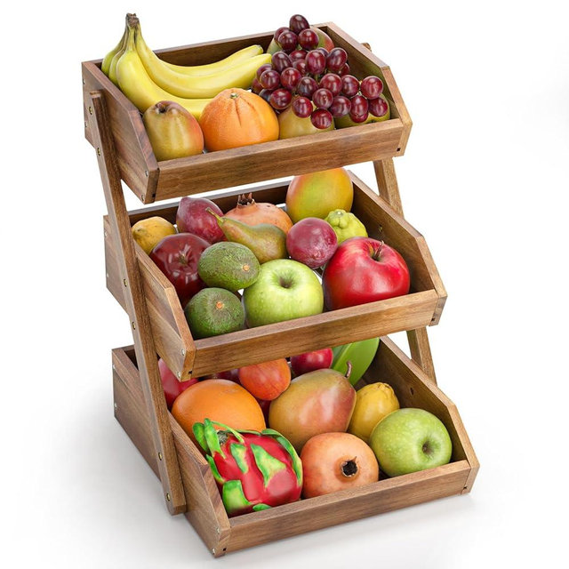 G.a HOMEFAVOR Fruit Basket: 3-Tier Acacia Wood Fruit Bowl for Kitchen, Fruit Stand Storage Holder for Vegetables and Snack Home Kitchen Countertop Organizer (Self-assembly)
