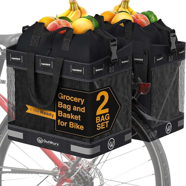 OutWurx Grocery Panniers for Bicycles and Ebikes - Water Resistant Rear Rack Bags with Detachable Inner Grocery Bag & Folding Basket - Fast & Easy Installation (22.5L & 45L Options)