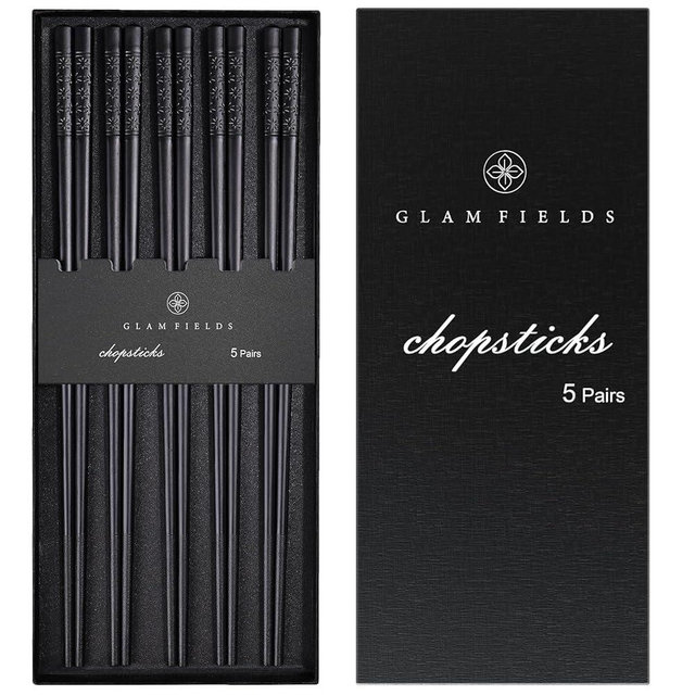 GLAMFIELDS 5 Pairs Premium Chopsticks Reusable Dishwasher Safe 9.5 Inch Fiberglass Chop Sticks Gift Set Non Slip Lightweight Cherry Blossom Pattern