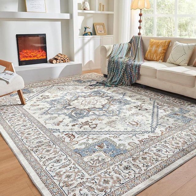 OPPODREAM 8x10 Area Rugs, Soft Area Rugs 8x10, Washable Rugs 8x10 with Non Slip Backing, Faux Cashmere Low-Pile 8 x 10 Carpet, Grey & Blue & Cream