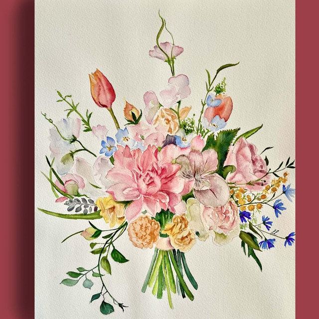Original Watercolor Wedding Bouquet Painting: Custom bridal bouquet Portrait art