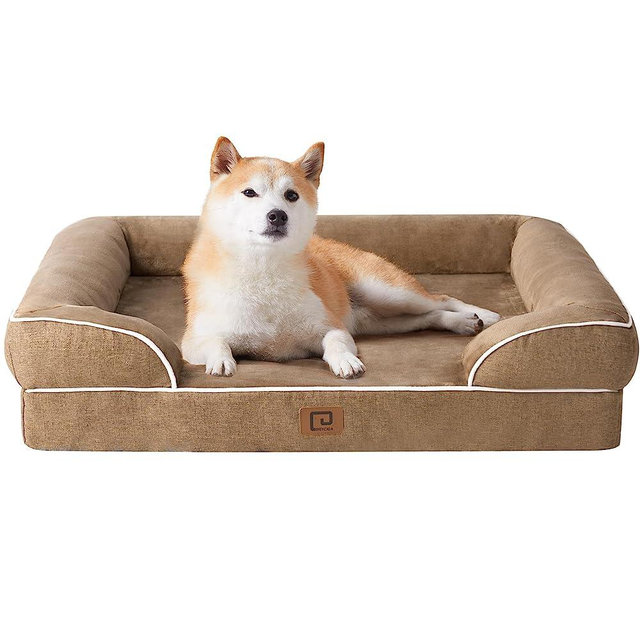 EHEYCIGA Memory Foam Large Dog Bed with Sides, Waterproof Orthopedic Dog Beds for Large Dogs, Non-Slip Bottom and Egg-Crate Foam Large Dog Couch Bed with Washable Removable Cover, Camel