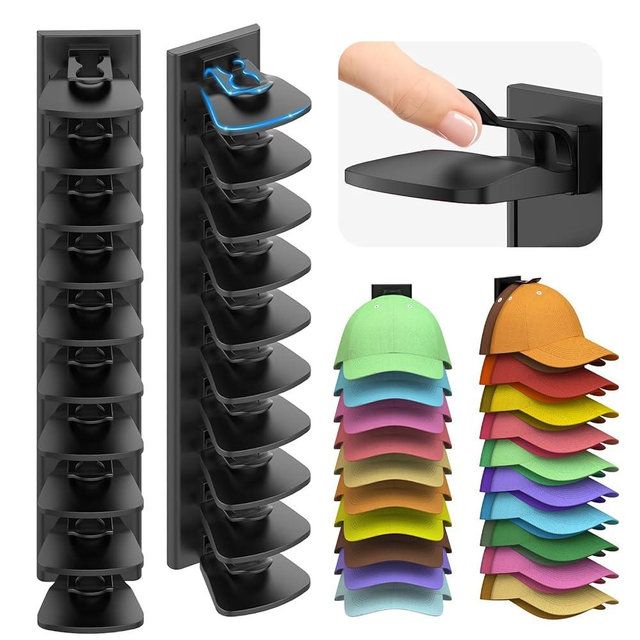 Volnamal Hat Organizer for Baseball Caps, 2 Pack Hold Up to 40 Hats, Hat Rack for Wall Space Saving, Hat Hanger w/Strong Adhesive Hat Storage Holder Display for Closet Door and Wall (Black)