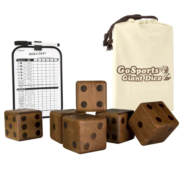 GoSports Giant 3.5 Inch Wooden Playing Dice Set with Rollzee Scoreboard- Brown