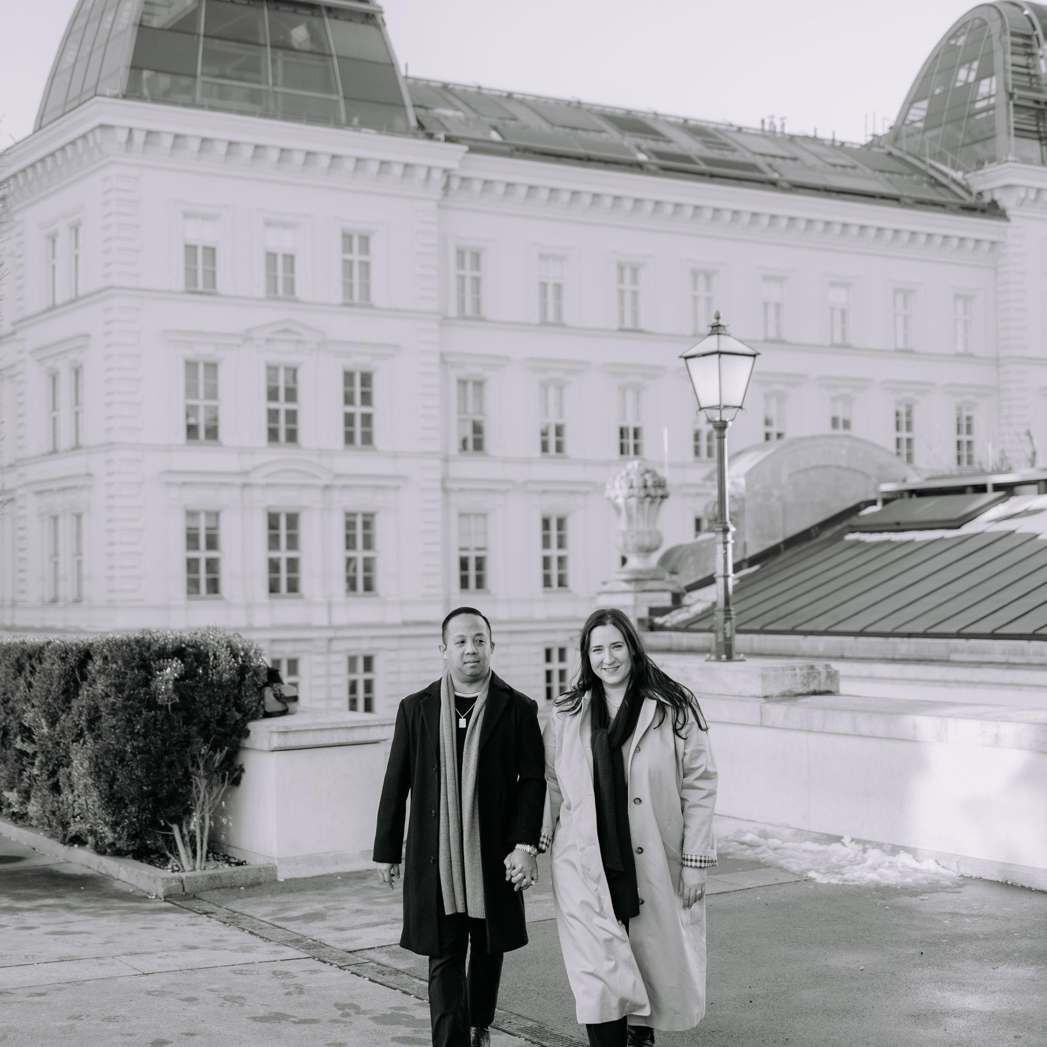 Black and white photo of us on Albertina Rooftop in Vienna. A rare moment where it looks like it's just us - but we were surrounded by hundreds of people!