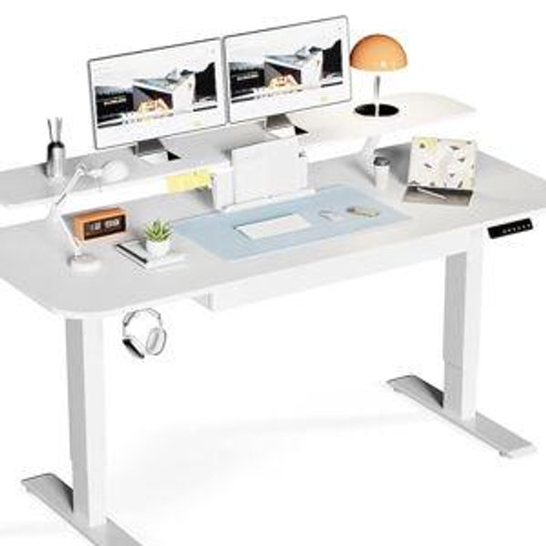 GTPLAYER White 55 IN W Electric Standing Desk with Drawers Sit Stand up Desk