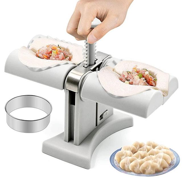 Double Dumpling Maker with Cutter, Empanada Press Pierogi Maker Automatic Mould Machine Kitchen Pasta Accessories Tool Easy for Beginners Ravioli Potsticker Wrappers Stainless Steel Household Mold