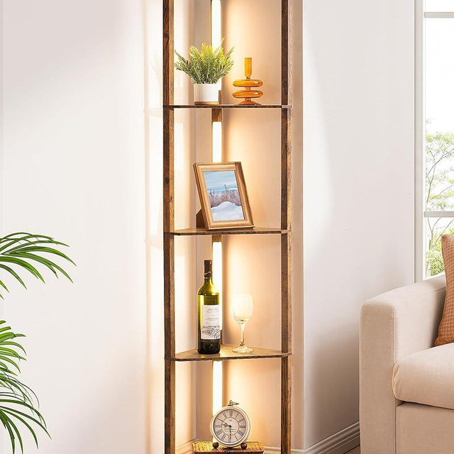 EDISHINE 64" Corner Shelf Floor Lamp for Living Room, Modern LED Corner Light with Shelves, 3CCT, Stepless Dimmable Tall Floor Light for Bedroom, Office, Dining Room, 3000K 4000K 5000K, Burlywood