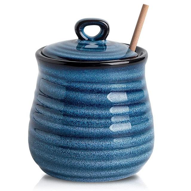 Hasense Ceramic Honey Jar with Lid,12 Ounce Honey Pot with Wooden Dipper,Porcelain Honey Dipper Stick and Jar Set,Honey Containers for Home and Kitchen,Dishwasher Safe(Blue)