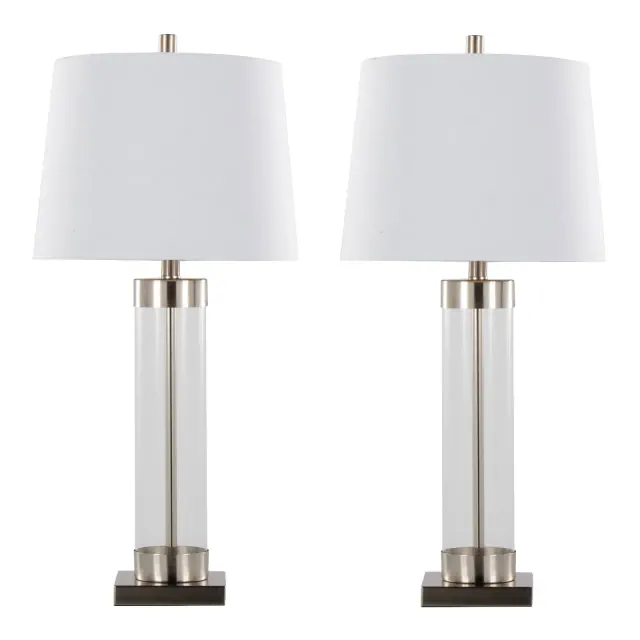 LumiSource Set of 2 Glacier 30" Contemporary Glass Table Lamp in Clear Glass and Brushed Nickel with White Linen Shade from Grandview Gallery
