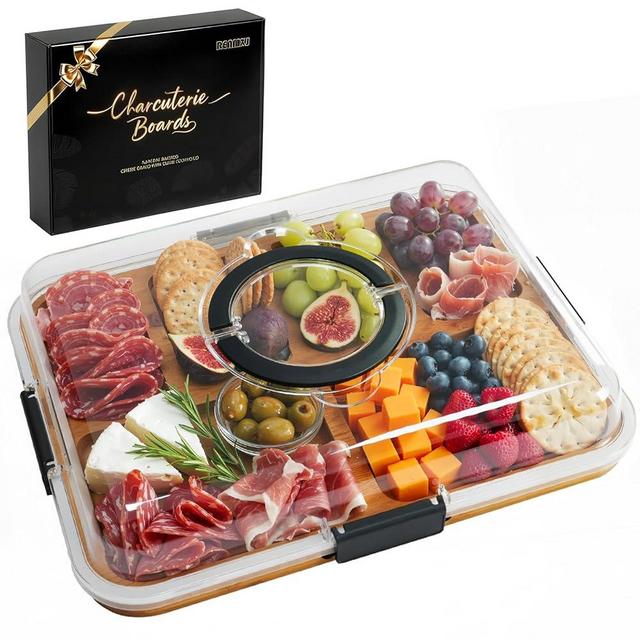 Renmxj Charcuterie Board with Clear Lid, Travel Portable Cheese Board Charcuterie Boxes Cutting Board for Kitchen, House Warming Gifts New Home, Gifts for Women (6 Compartments Carbonized Bamboo)