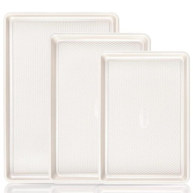 HONGBAKE 3 Pack Nonstick Ceramic Baking Sheet Pan Set for Oven, Non-Toxic Half/Quarter/Jelly Roll Pans with Diamond Texture, Heavy Duty 0.8mm Thick Aluminized Steel Cookie Trays for Cooking, Cream