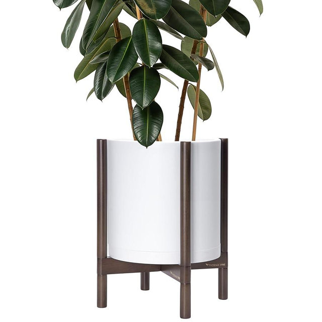 D'vine Dev Planter Pot with Stand - 14 Inch Plastic Cylinder Flower Pot with Wood Planter Holder for Indoor, Matte White Pot + Walnut Color Stand, 55-C-R-1