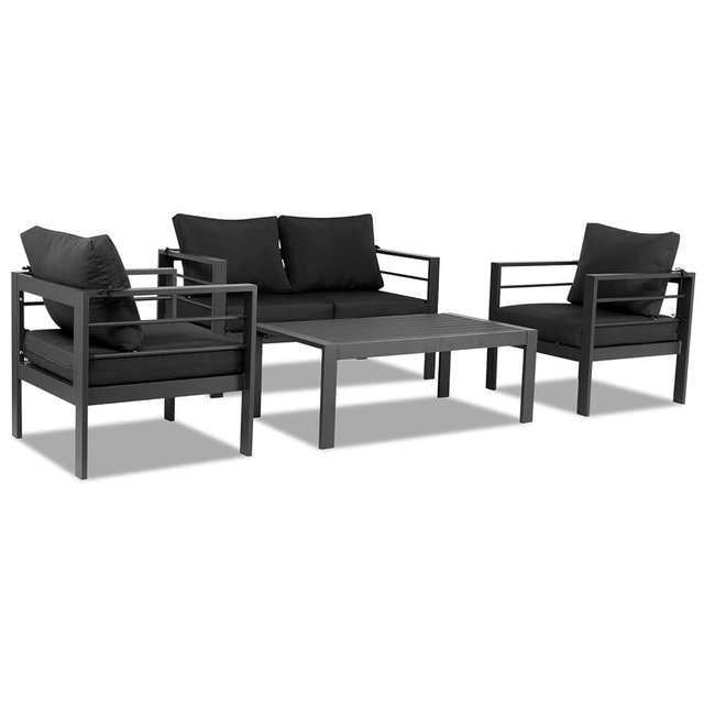 Outvita Aluminum Patio Furniture Set 4 Seats, Outdoor Sectional with Washable Thick Cushions, Coffee Table, Patio Conversation Sets for Porch, Balcony, Dark Grey Frame & Cushion