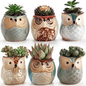 SUN-E 6 In Set 2.5 Inch Owl Pot Ceramic Flowing Glaze Base Serial Set Succulent Plant Pot Cactus Plant Pot Flower Pot Container Planter Bonsai Pots With A Hole