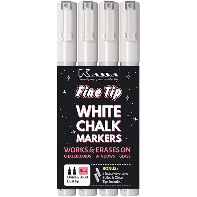 Kassa White Chalk Markers Fine Tip (4 Pack 3mm) - Chalkboard Markers Erasable - Wet Erase Markers for Glass Blackboard Windows - Liquid Chalk Pens Include Dual Chisel & Bullet Tip