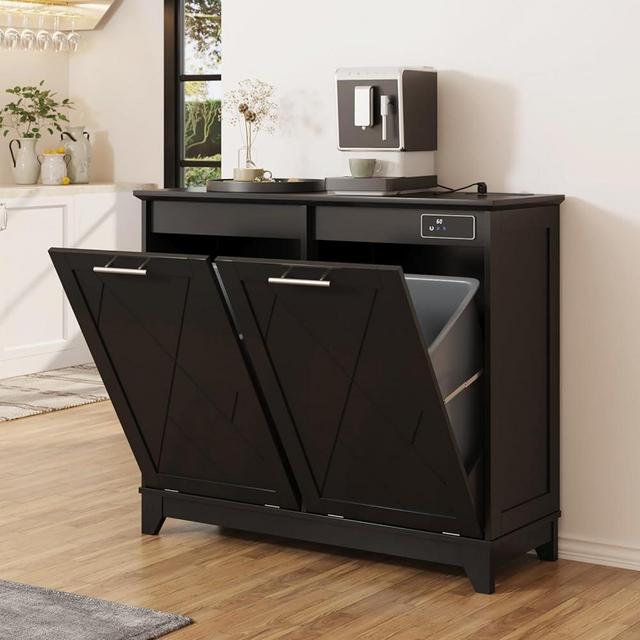 Halitaa Double Tilt Out Trash Cabinet, Free Standing 10 Gallon Recycling Trash Can Cabinet with Negative Ion and Deodorizing Function, for Kitchen Living Room, Black