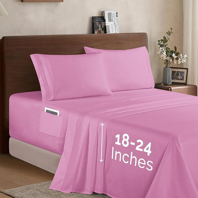 Elegant Comfort Luxury 1500 Premium Hotel Quality Microfiber 4-Piece Sheet Set- Soft, All Around Elastic 18-24 Inches Deep Fitted Sheet - Extra Deep Pocket Sheets, King, Light Pink