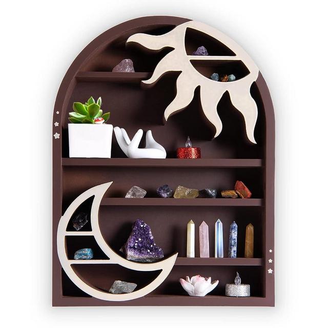 LIFVEAN Moon & Sun Crystal Shelf Display - Wooden Crescent Moon Shelf Crystal Holder for Stone Display - Moon Wall Decor for Spiritual, Hippie, or Witch Room - Zen Wall Decor Arch Shelf