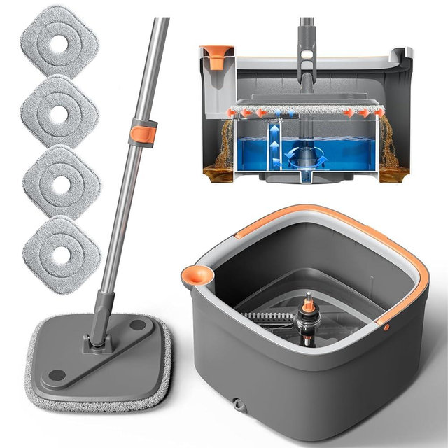 KZKR Spin Mop and Bucket Set with 4 Replaceable Microfiber Mop Pads with Self Separation Dirty and Clean Water System, Self Wringing 360° Rotating Square Mop Head for Hardwood Tile Marble Floors