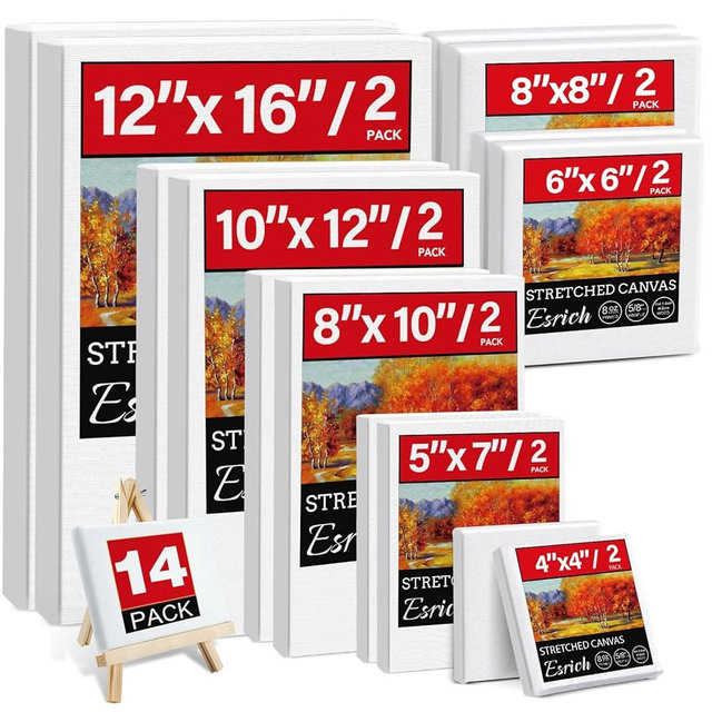 14 Packs Stretched Canvas for Painting, MultiSize 12x16, 10x12, 8x10, 5x7, 8x8, 6x6, 4x4 (2 of Each), Primed Blank Canvas for Oil, Acrylic Paint,for Beginner, Artist.