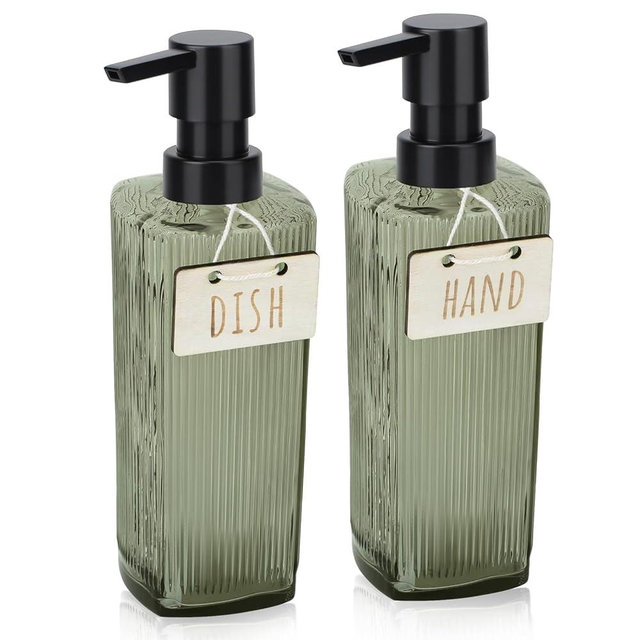 Segbeauty 11.8oz Hand Soap Dispenser, Pack of 2 Glass Soap Dispenser 350ml Dishwashing Liquid Dispenser with Pump, Light Green Refillable Dish Soap Dispenser for Kitchen with Vertical Stripe
