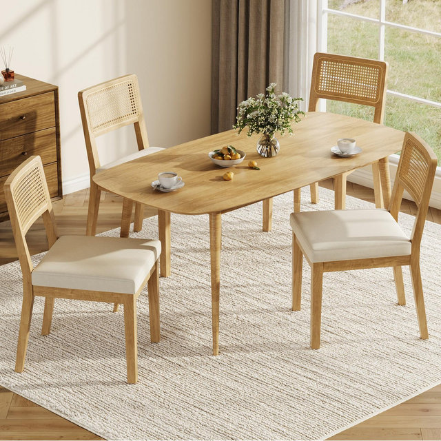 Rattan Dining Chairs Set of 4, French Country Upholstered Dining Chairs Wood Frame, Armless Chair for Kitchen Restaurant Dining Room, Linen, Natural