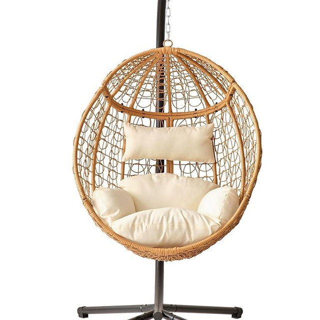 Indoor/Outdoor Hanging Chair/Hammock Chair with Stand, Hanging Swing Egg Chair with Removable & Washable Grey Cushions for Bedroom Living-Room Balcony or Patio