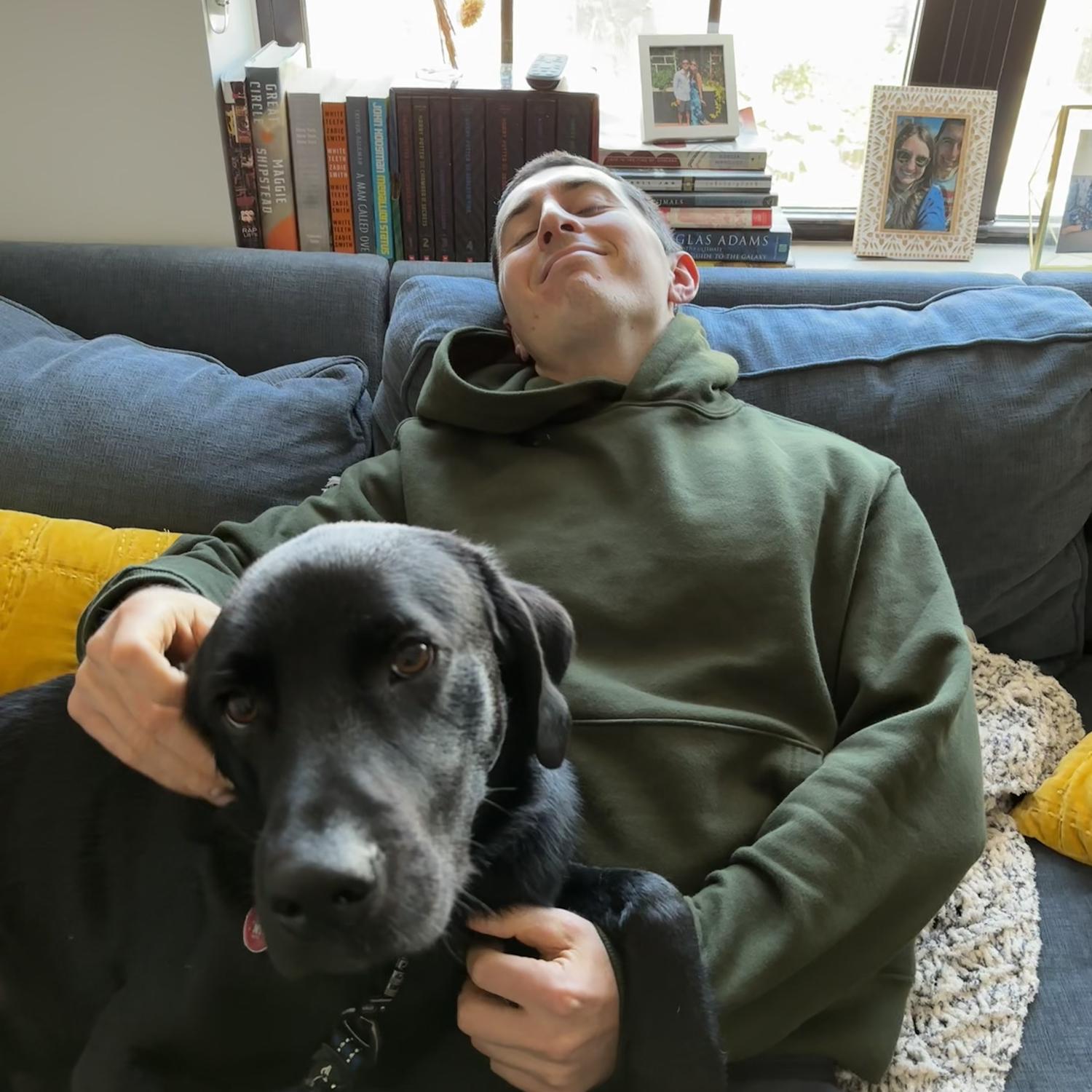 Bubba looking uncharacteristically calm. He would later destroy that green hoodie during an especially severe case of the zoomies.