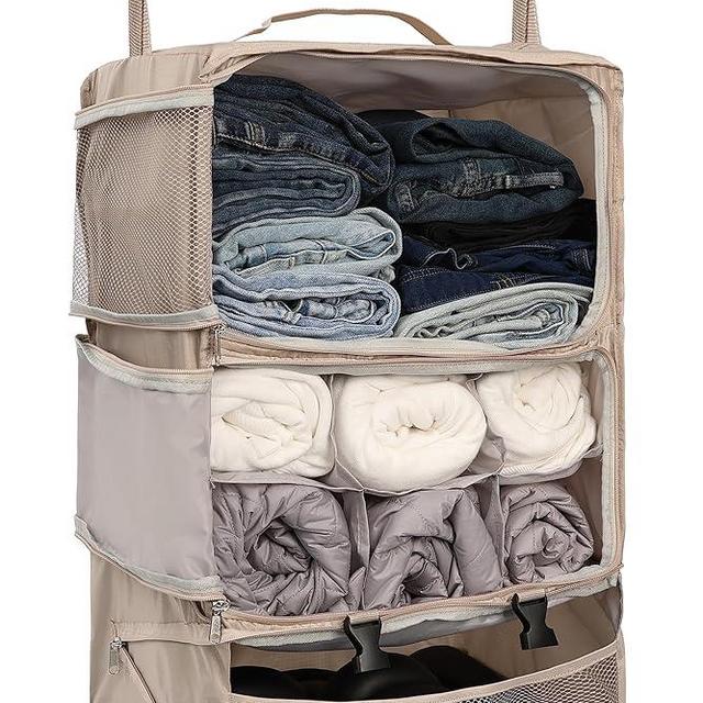 ELEZAY Hanging Packing Cubes Portable Closet 3-Shelf Travel Collapsible Compression Garment Organizer for Carry-on Luggage Suitcase Space Saver Bag XX-Large_No Side Pockets, Beige