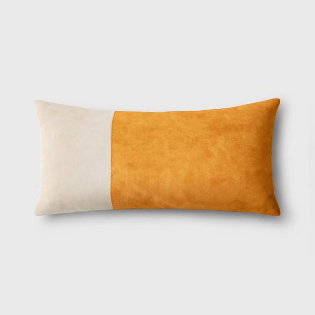 Oversized Colorblock Pieced Suede Lumbar Throw Pillow Gold/Neutral - Threshold™: Modern Rectangular Design, Zippered