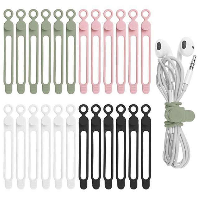 Nearockle 24Pcs Silicone Cable Straps Wire Organizer for Earphone, Phone Charger, Mouse, Audio, Computer, Reusable Cable Ties Cord Organizer in Home, Office, Kitchen, School (4 Colors)