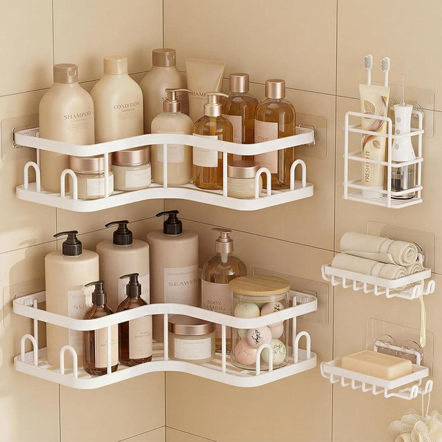 Veken Corner Shower Caddy 5-Pack, Advanced Rustproof Design, No Drilling Adhesive Shelves, Rack with Soap Holder, Large Capacity Bathroom Organizers and Storage, Wall-Mounted Kitchen&Home Decor,White